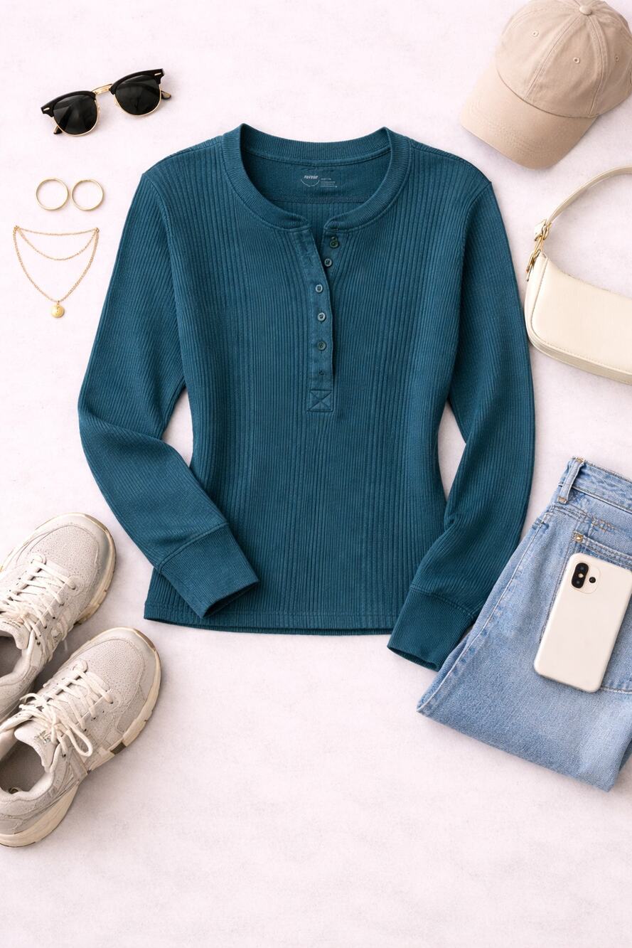 Aerie Women's Ribbed Henley Long Sleeve Top Green Fitted Stretch Size XXL